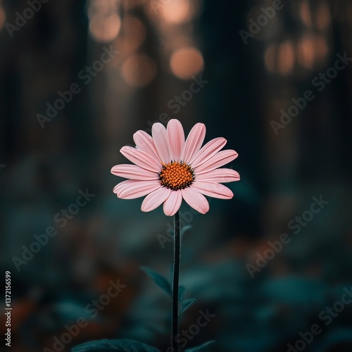 A Barberton daisy in focus, with a blurry backdrop of green.