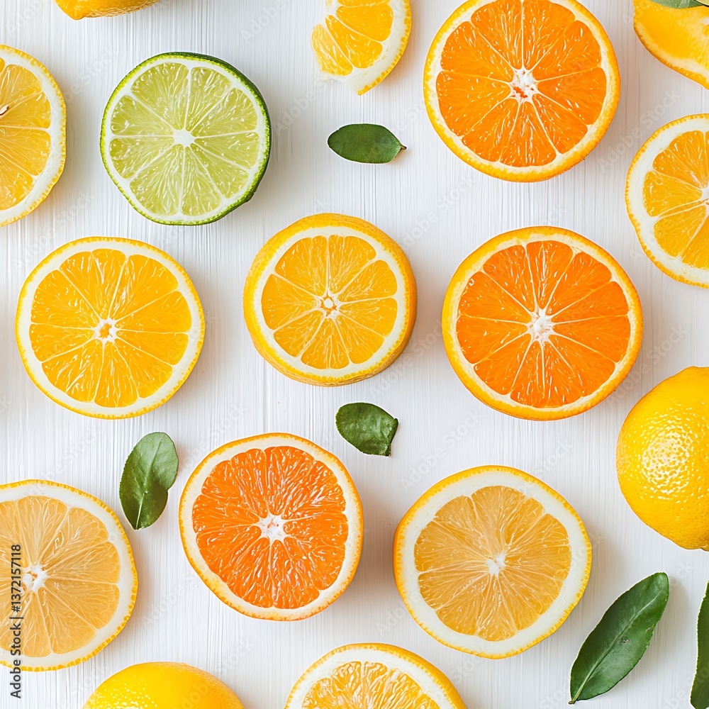 Obraz premium Citrus fruit slices arranged with leaves on a white wooden surface