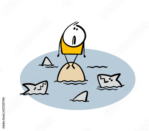 Unfortunate character is trapped. Vector illustration of a boy standing on an island, fleeing from sharks, afraid of predators. Cartoon man isolated on white background.
