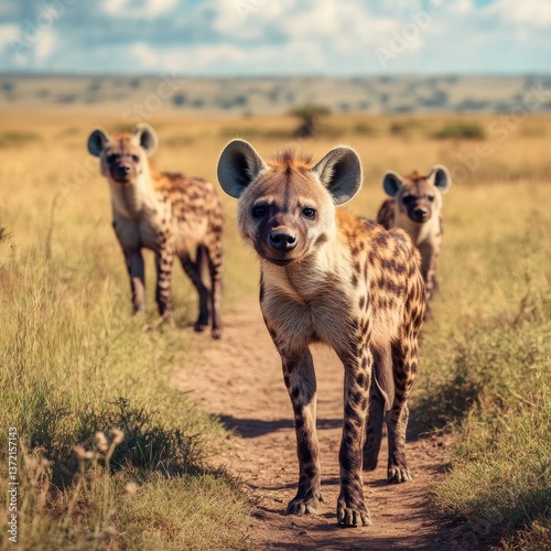 Hyena clan in African savannah.
