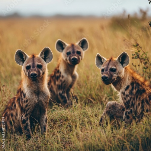 Clan of hyenas in African savannah.