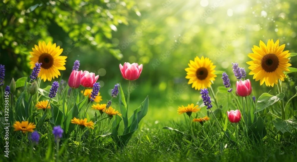 Obraz premium A sunny garden with various flowers and lush green foliage