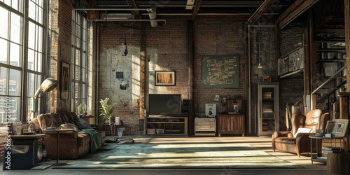 High-Ceiling Loft with Industrial-Style Design for Modern Living, Interior, and Architecture Design Projects photo
