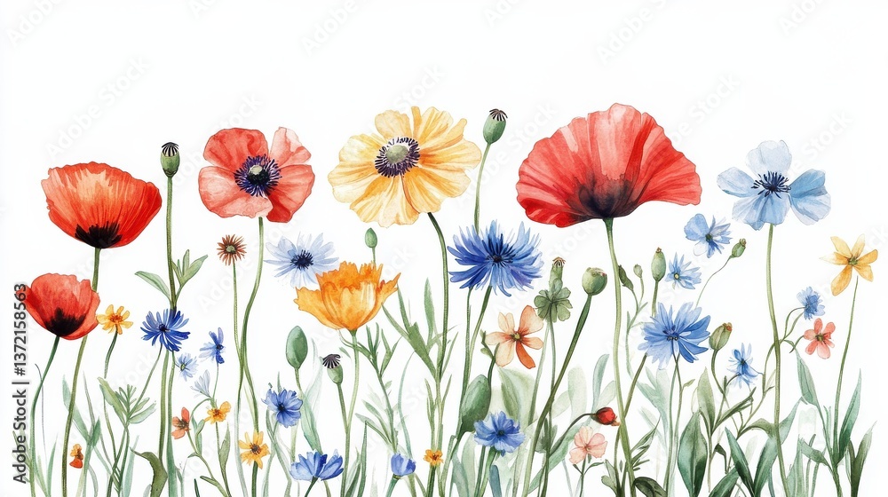 Obraz premium Poppy, chamomile, cornflower, clover, anemone and sunflower watercolor wildflowers. illustration