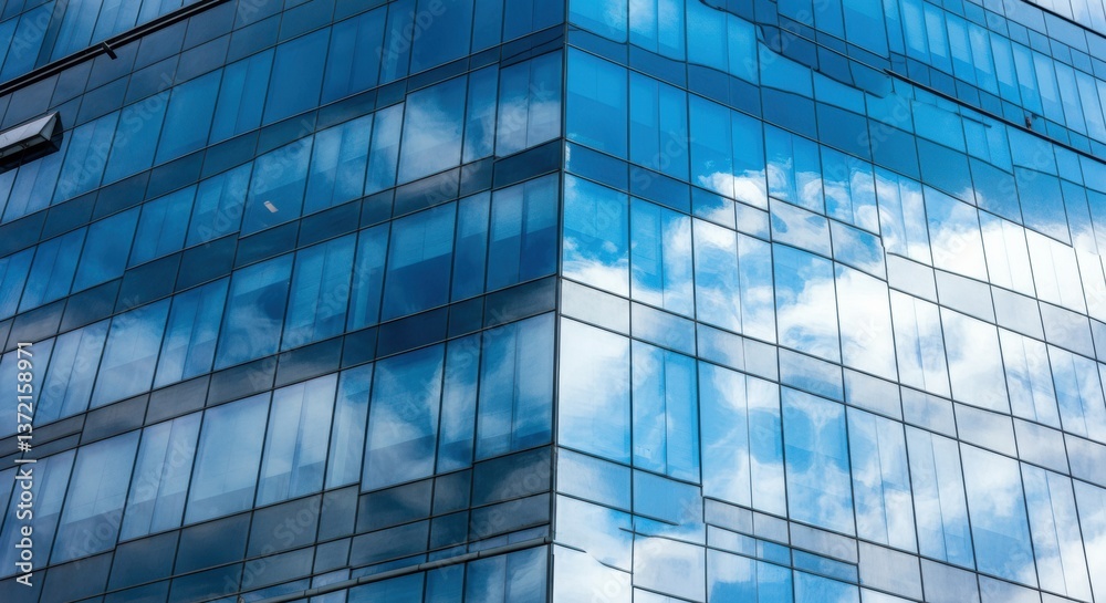 Modern glass building reflecting clouds in a clear blue sky Modern glass building reflecting clouds in a clear blue sky