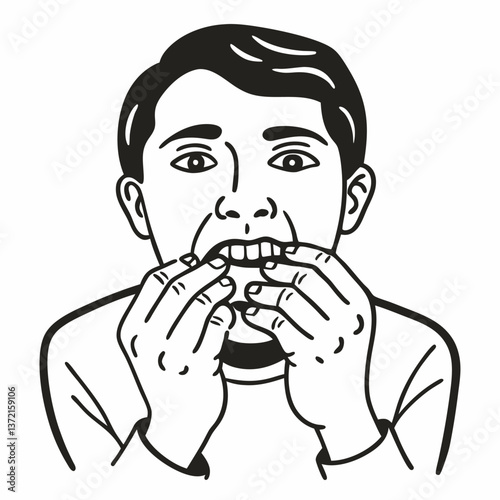 Illustration of Man Biting Nails in Anxiety Gesture Line Art Style