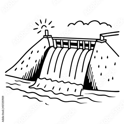 Hand Drawn Hydroelectric Dam Illustration with Flowing Water and Cloudy Sky