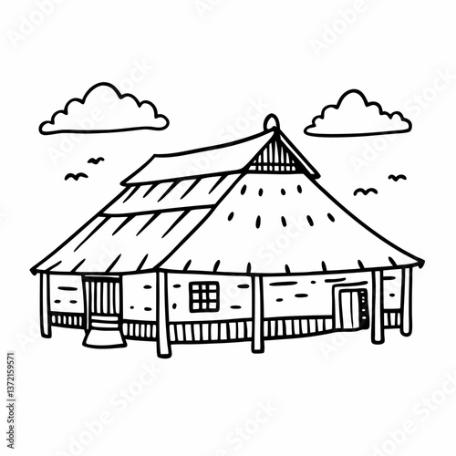 Traditional Hut with Thatch Roof and Clouds in Doodle Style  Illustration