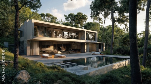 Generative AI illustration exterior of contemporary minimalistic villa with panoramic windows and swimming pool surrounded by green trees illustration