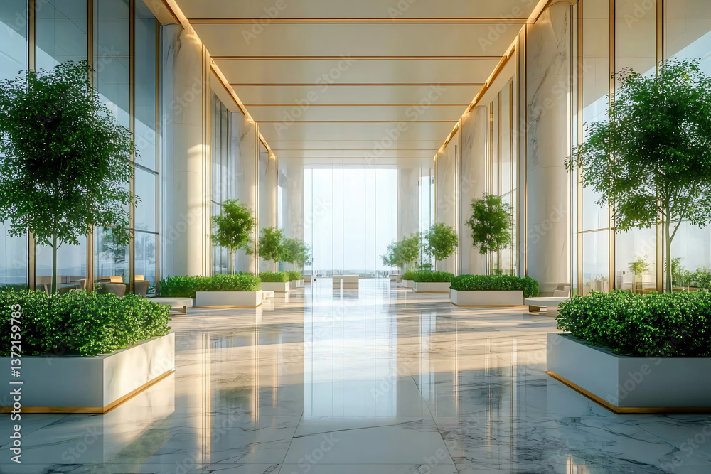 Serene modern hall with lush greenery & gold accents. Ideal for architecture, interior design, wellness, corporate branding, promoting eco-friendly environments. Business applications. Serene modern hall with lush greenery & gold accents. Ideal for architecture, interior design, wellness, corporate branding, promoting eco-friendly environments. Business applications.