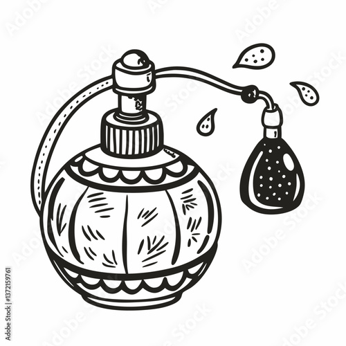 Vintage Perfume Bottle Illustration with Atomizer and Drops