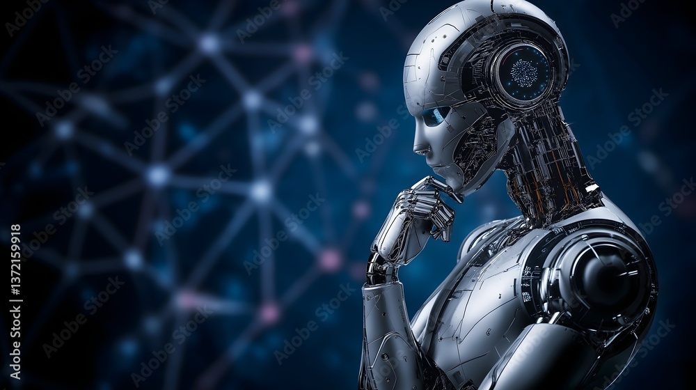 Fototapeta premium Digital Muse: A futuristic android stands in contemplative pose, embodying artificial intelligence and the progress of technology