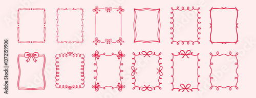 Bow rectangle frame ribbon border vintage cute hand drawn set. decorative pink hand drawn doodle line bow frame. Elegant romantic doodle wedding ribbon border.