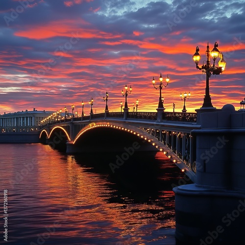 Trinity bridge at Neva River at dusk, Russia.