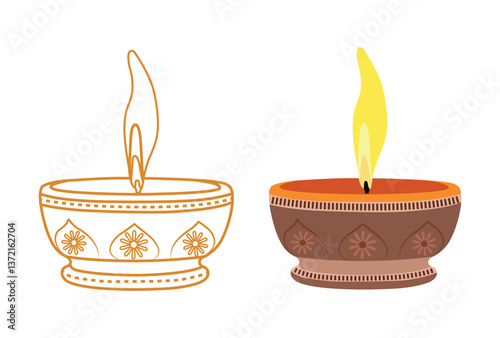 Festival diya oil lamp clipart and line art vector illustration.  