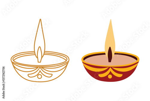 Festival diya oil lamp clipart and line art vector illustration.  