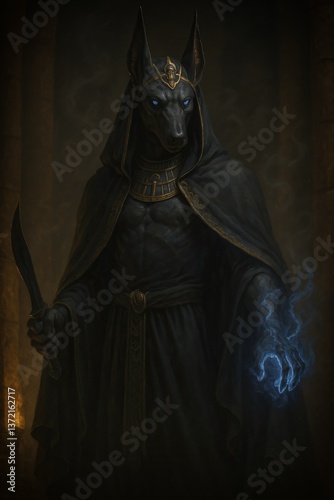 An imposing depiction of Anubis guarding a hidden tomb entrance. Cloaked in black and gold with a glowing dagger and ethereal energy, he wards off intruders amid swirling sand and ancient shadows.