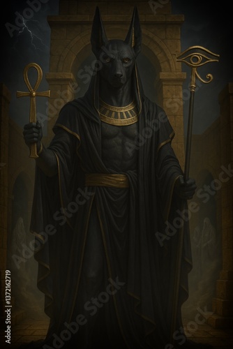 Anubis, the Egyptian god of the afterlife, depicted standing in a grand temple, wearing black and gold robes, holding an ankh and staff. Mystical and powerful ambiance.