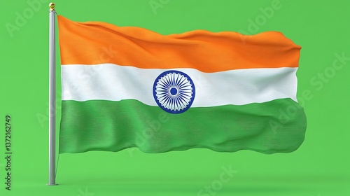 An Indian flag waving gracefully on a bright green background
