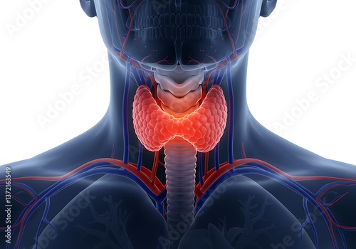 Thyroid Gland Anatomy with Blood Vessels and Trachea Illustration