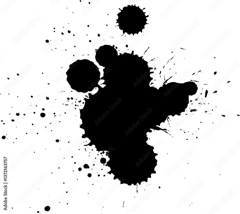 black ink brush painting dropped splatter splash on white background