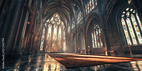 Gothic Cathedral with Detailed Stained-Glass Windows for Architectural Design, Religious Art, and Medieval Projects photo
