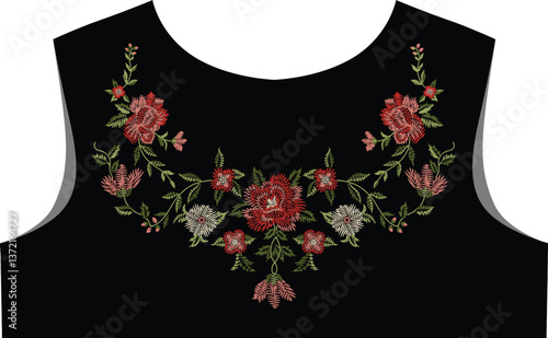 Floral Embroidery Design illustration foe neckline on Black Background