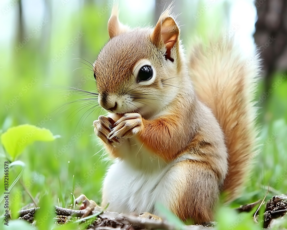 Obraz premium A curious brown squirrel eating something in a grassy setting
