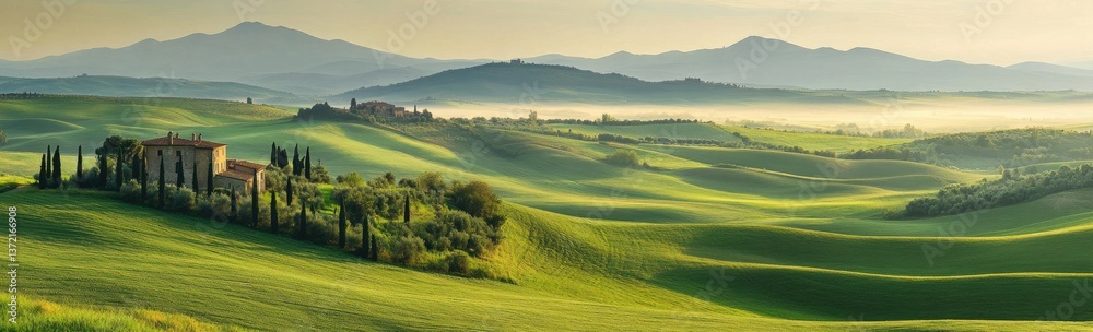 A panoramic view of the rolling hills and green pastures in Tuscany, Italy, with an old farmhouse nestled among cypress trees under the soft morning light. A panoramic view of the rolling hills and green pastures in Tuscany, Italy, with an old farmhouse nestled among cypress trees under the soft morning light.