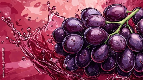 a bunch of fresh purple grapes with a splash of juice illustration