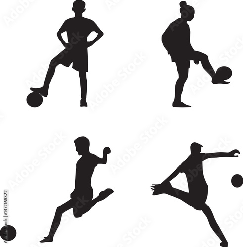 Vector set silhouettes of Soccer player kicking ball, abstract isolated vector silhouette, footballer logo