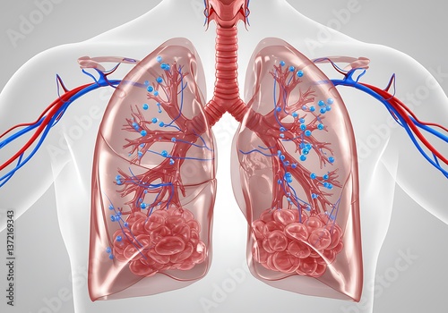 Lungs Anatomy Showing Alveoli and Vascular System for Medical Illustration