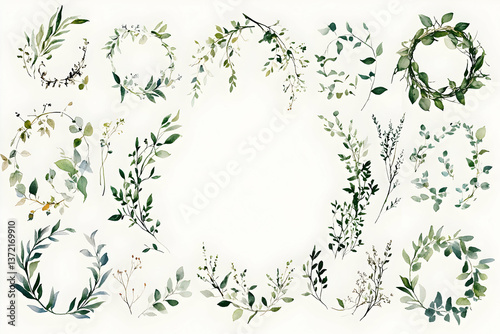 Assorted watercolor greenery wreaths and branches