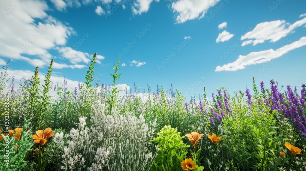 Obraz premium Large area of blue sky, few green plants, various flowers and plants, beautiful scenery, realistic, 4K, soft 