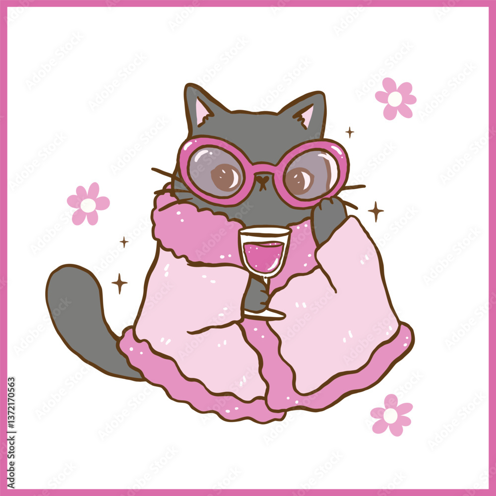 Naklejka premium Cute Funny Retro Self Love Cat with wine wear sassy glassses and bathrobe Cartoon Doodle Hand Drawn