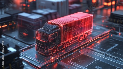 logistics infrastructure driving growth. 3D wireframe truck model in a futuristic urban setting.