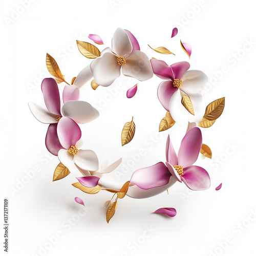 3D Orchid Floral with Gold Leaves, Luxurious Flower of Thailand Culture 