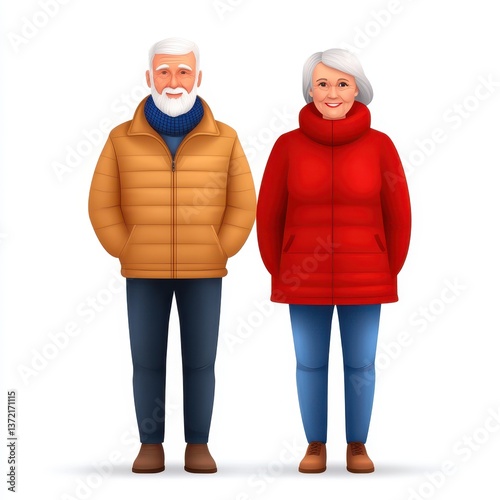 Cheerful elderly couple in cozy winter clothing on white background