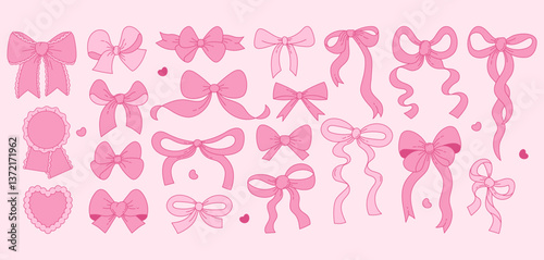 Vintage Coquette Pink Ribbon Bow Set. Romantic Girly Vibe. Vector illustration. Isolated Cute Whimsy Trendy Aesthetic Elements for designs, invitations, cards and decoration