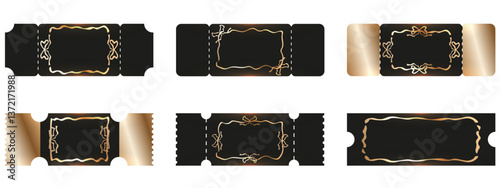 Set Luxury golden Ticket mockup in trendy Coquettish style. Empty gold Ticket vector illustration. Premium entry Ticket template design. EPS 10