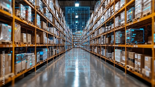 logistics infrastructure driving growth. Vast warehouse filled with neatly organized shelves and boxes.