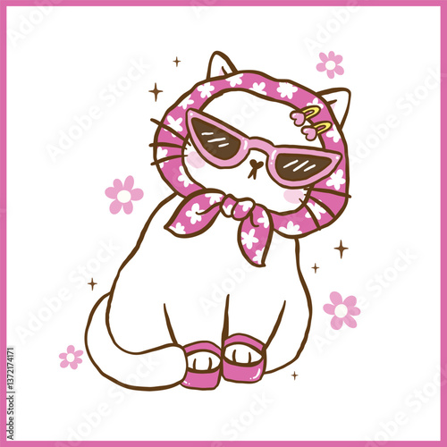 Cute Retro Self Love Cat wearing high heels and sassy glasses Cartoon Doodle Hand Drawn