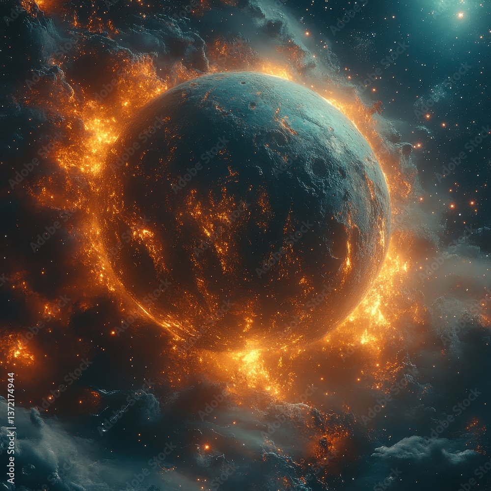 Fototapeta premium Explosive Cosmic Event with Fiery Planet in Deep Space Background