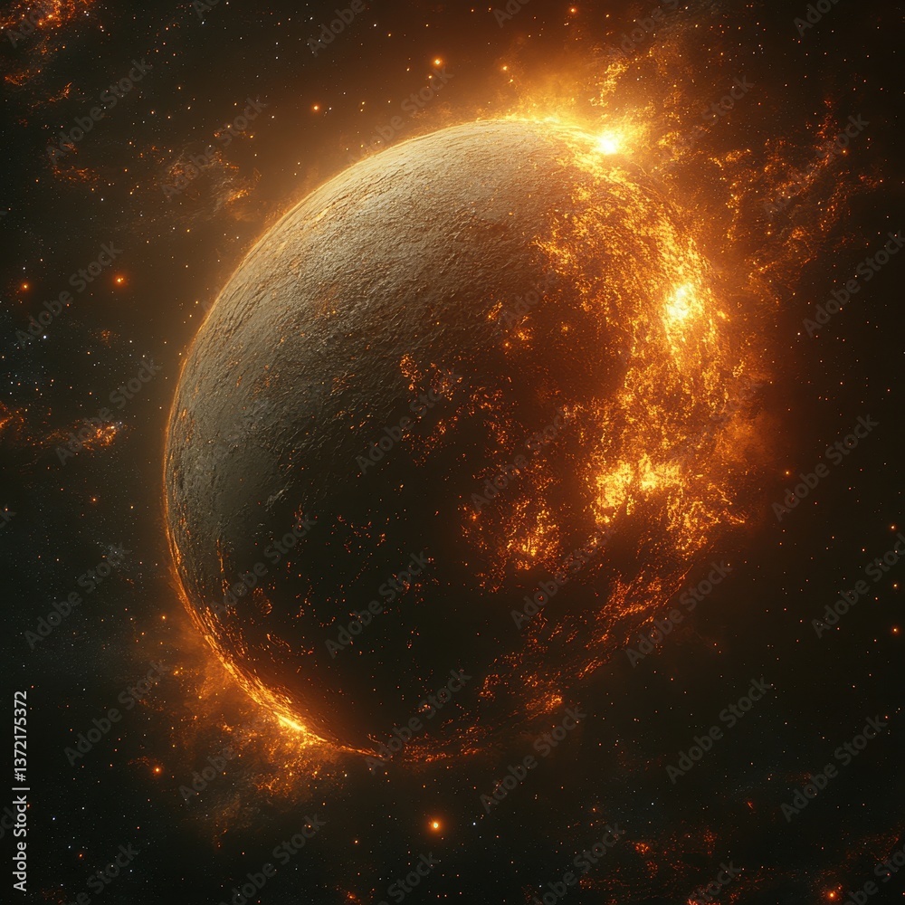 Fototapeta premium Glowing Planet Surrounded by Cosmic Flames and Celestial Effects