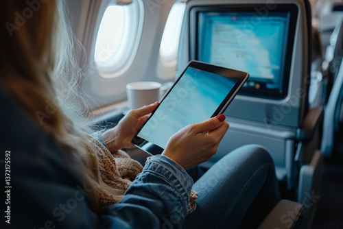 A person using a tablet on an airplane tray table, with a cup of coffee beside it and the seatback screen in the background, capturing a moment of in-flight entertainment. photo