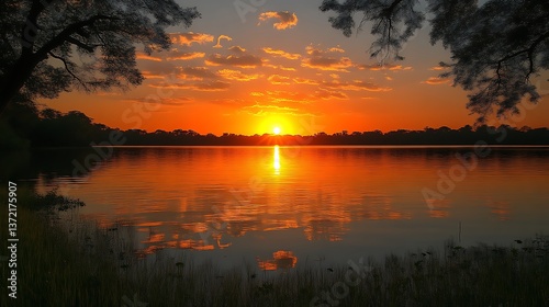 Serene Sunset Over Calm Lake Water Trees Silhouette