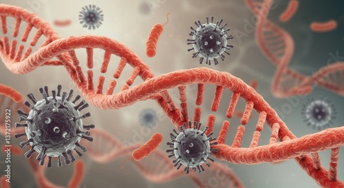 Viral Infection: DNA Helix Surrounded by Viruses and Bacteria, 3D Render