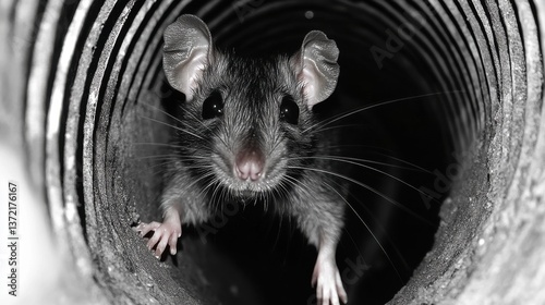 Mouse Crawling Through Air Vent in Dimly Lit Attic