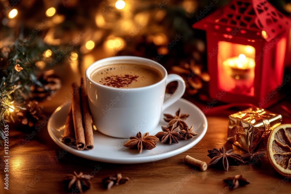 Cozy and Festive Coffee Table Setting with Cinnamon Sticks, Lantern, and Holiday Decor in Warm Atmosphere Cozy and Festive Coffee Table Setting with Cinnamon Sticks, Lantern, and Holiday Decor in Warm Atmosphere