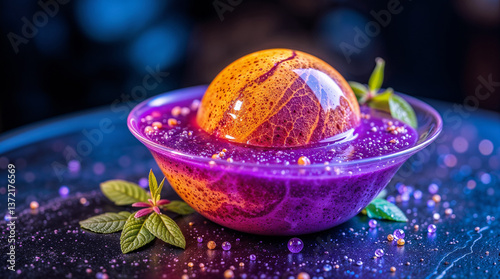 Molecular cuisine. Colorful berry dessert in yellow-violet tones on a dark background